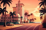 Fototapeta Miasta - cartoon illustration, street in miami with hotels, sandy beach and palm trees, ai generative