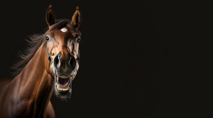 Wall Mural - portrait of a smiling happy brown horse, photo studio set up with key light, isolated with black background and copy space - generative ai