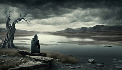 father dead sits grizzling next to a dead tree on the shore of a lake