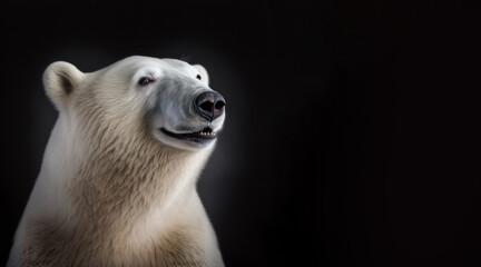 Wall Mural - portrait of a happy polar bear, photo studio set up with key light, isolated with black background and copy space - generative ai