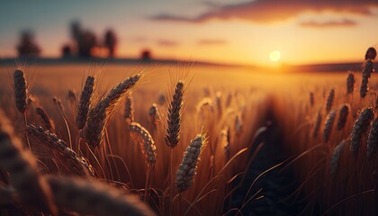 Close-up of wheat ears. Field of wheat on a summer day. Generative AI.