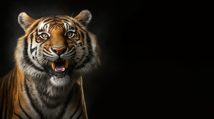 Wall Mural - portrait of a happy tiger, photo studio set up with key light, isolated with black background and copy space - generative ai