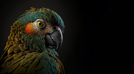 portrait of a parrot, photo studio set up with key light, isolated with black background and copy sp