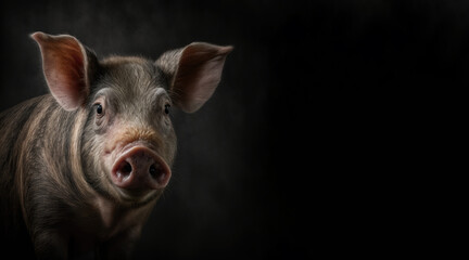 Wall Mural - portrait of a pig, photo studio set up with key light, isolated with black background and copy space - generative ai