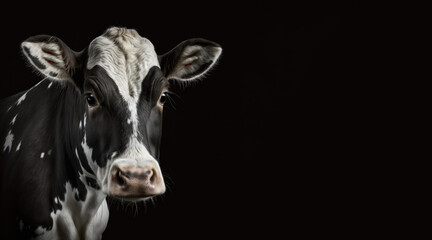 Wall Mural - portrait of a sad black and white cow, photo studio set up with key light, isolated with black background and copy space - generative ai