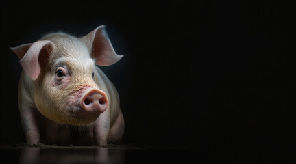 Wall Mural - portrait of a sad smiling pig, photo studio set up with key light, isolated with black background and copy space - generative ai