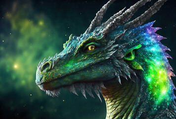 dragon rainbow hues, celestial background, friendly dragon, esoteric, fantasy, concept of dragon ene
