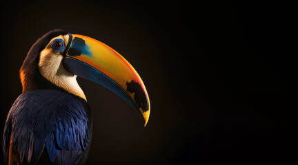 Wall Mural - portrait of a toucan, photo studio set up with key light, isolated with black background and copy space - generative ai