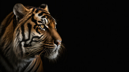 Wall Mural - portrait of a tiger, photo studio set up with key light, isolated with black background and copy space - generative ai