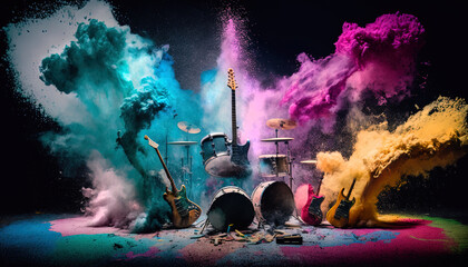 guitars and drums with rainbow paint energetic explosion, generative ai.