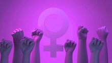 Banner With Woman Fists In Fight Sign And Female Symbol. International Day For The Elimination Of Violence Against Women. Feminism. 3d Illustration. International Women's Day. March 8.