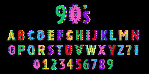 90s or Y2K retro font with 3D imitation. Bright colorful alphabet letters and numbers
