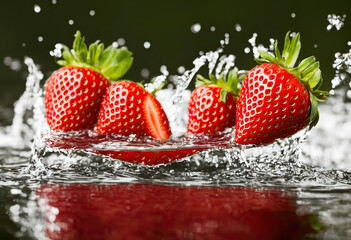 Fresh strawberries with water splash on green background.