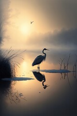 Wall Mural - Heron on the morning lake.