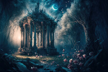 Vintage Temple In Fantasy Forest At Night, Overgrown Ruins Of Old Arbor, Generative AI.