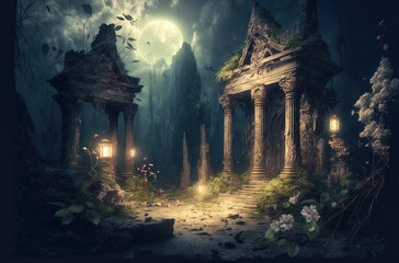 Wall Mural - Fantasy temple in tropical forest at night, old building ruins in jungle, generative AI.