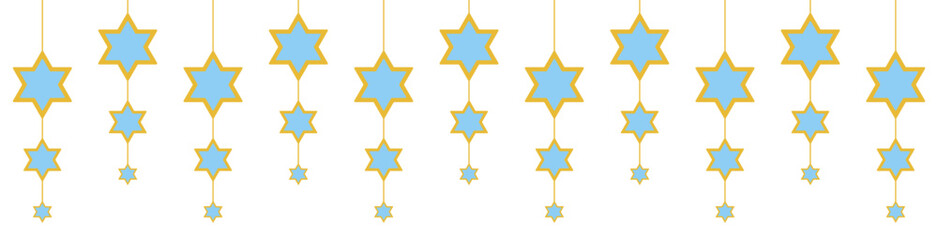 Garland for Passover, Pesach, Hanukkah and other holidays. Blue and gold stars of David. Can be used for cards, borders. Isolated vector and PNG illustration clipart on transparent background.