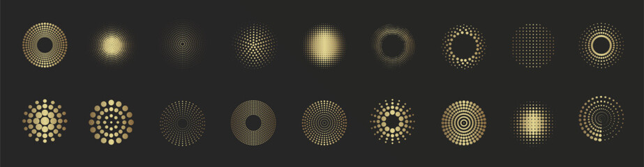 Abstract circles with dots texture. Gold spotted spray or brush. Golden round dotted frames set isolated on black background. Vector design element