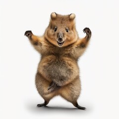 Wall Mural - Detailed illustration of a funny friendly joyful quokka dancing happily isolated on a white background, generative ai