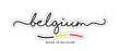 © simbos - Made in Belgium, new modern handwritten typography calligraphic logo sticker, abstract Belgium flag ribbon banner