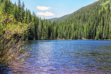 Wall Mural - Beaver lake landscape from hiking trail in Beaver Creek ski resort near Avon, Colorado with water surface in summer in Holy Cross Wilderness and spruce tree forest