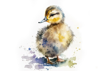 Generative AI. Cute little duck, watercolor illustration, summer holiday clipart with cartoon character good for card and print design