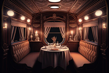 Wall Mural - Train interior, dining car, night, 19th century, wood, luxury. Generative AI