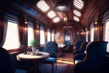 Wall Mural - Train interior, dining car, 19th century, wood, luxury. Generative AI