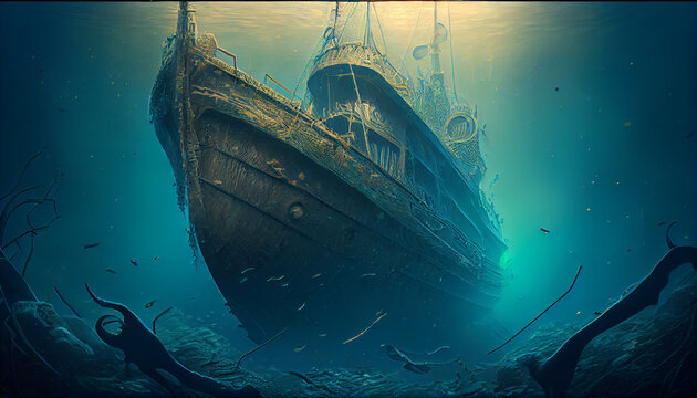 Illustration of a sunken ship resting on the sea floor, Generative AI.