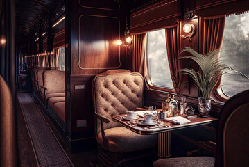 Wall Mural - Train car interior, 19th century, wood, luxury. Generative AI