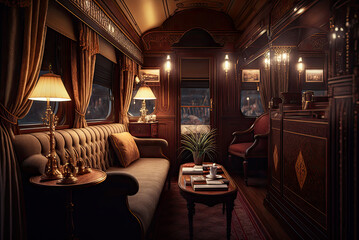 Wall Mural - Train car interior, 19th century, wood, luxury. Generative AI