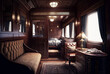 Train interior, sleeper car, 19th century, wood, luxury. Generative AI