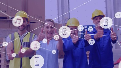 Poster - Animation of network of icons over diverse supervisors and workers showing thumbs up at warehouse