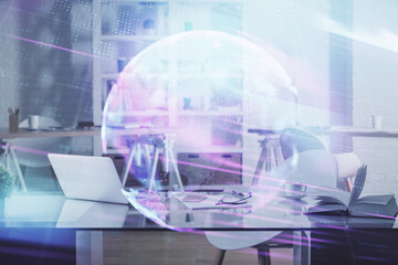 Fototapete - Double exposure of tech theme drawings and office interior background. Technology concept.