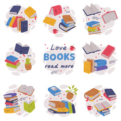 Sticker - Love books, read more. Books collection. Library, book store, back to school concept cartoon vector illustration