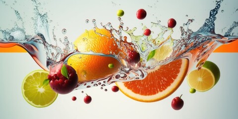 Fresh Fruit splash and submerge under water, summer banner, summer fruits, Nutrition and Hydration Week