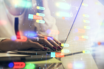 Aufkleber - Multi exposure of woman hands working on computer and data theme hologram drawing. Tech concept.