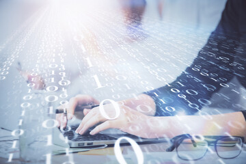 Aufkleber - Multi exposure of woman hands working on computer and data theme hologram drawing. Tech concept.