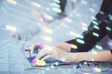 Aufkleber - Multi exposure of woman hands working on computer and data theme hologram drawing. Tech concept.
