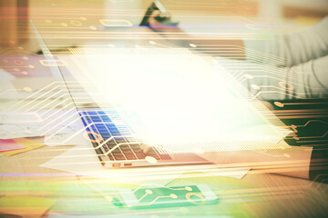 Aufkleber - Multi exposure of woman hands working on computer and data theme hologram drawing. Tech concept.