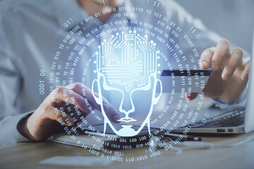 Fototapete - Double exposure of man hands typing on computer with credit card and brain theme drawing. E-commerce and AI concept.