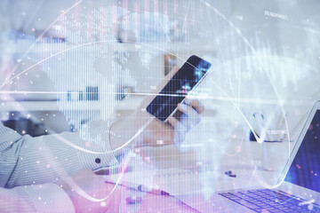 Aufkleber - Double exposure of man's hands holding and using a phone and international business theme drawing.