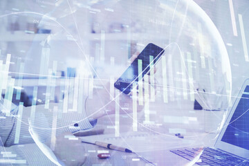 Aufkleber - Double exposure of man's hands holding and using a phone and international business theme drawing.