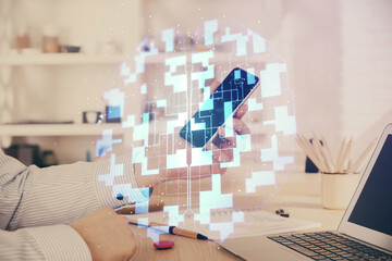 Aufkleber - Double exposure of man's hand holding and using a digital device and data theme hologram drawing. Technology concept.