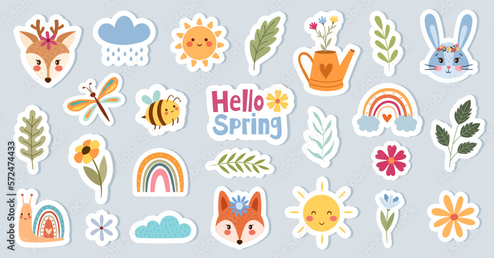 Cute hand-drawn spring stickers with animals and floral decor 素材庫向量圖 ...