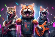 Funny Cats Rock Band, 3d Style Carton Characters. Generative AI Illustration