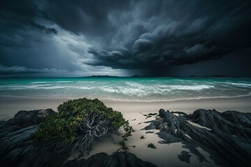 Shot by the beach with dark heavy clouds announcing cyclone coming. Generative AI illustration