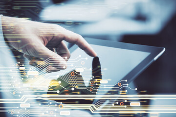 Aufkleber - Multi exposure of man's hand holding and using a digital device and data theme drawing. Innovation concept.