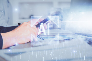 Aufkleber - Multi exposure of man's hands holding and using a digital device and data theme drawing. Innovation concept.