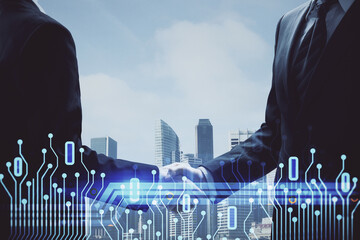Aufkleber - Double exposure of data theme hologram and handshake of two men. Partnership in IT industry concept.